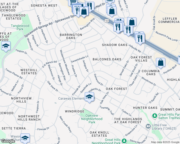 map of restaurants, bars, coffee shops, grocery stores, and more near 11502 Antigua Drive in Austin
