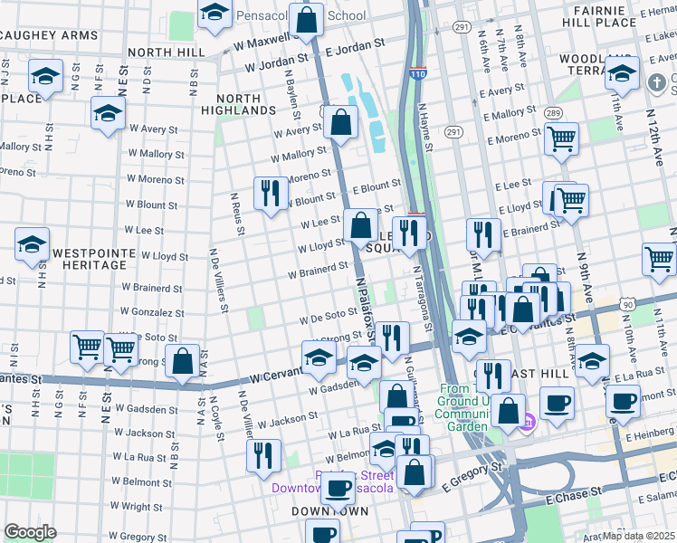 map of restaurants, bars, coffee shops, grocery stores, and more near 16 West Gonzalez Street in Pensacola
