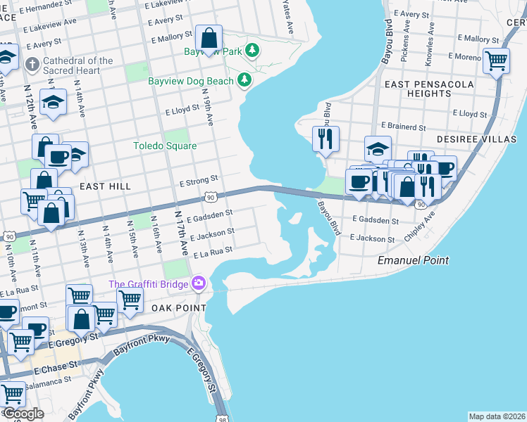 map of restaurants, bars, coffee shops, grocery stores, and more near 2007 East Gadsden Street in Pensacola