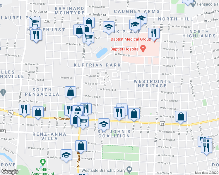 map of restaurants, bars, coffee shops, grocery stores, and more near 1704 West Brainerd Street in Pensacola