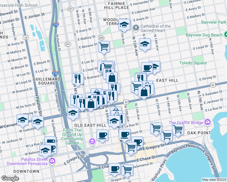 map of restaurants, bars, coffee shops, grocery stores, and more near 1116 North 9th Avenue in Pensacola