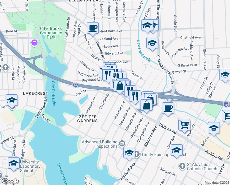 map of restaurants, bars, coffee shops, grocery stores, and more near 2210 Christian Street in Baton Rouge