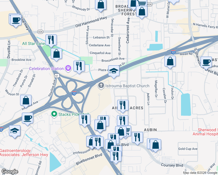 map of restaurants, bars, coffee shops, grocery stores, and more near 10500 Sam Rushing Drive in Baton Rouge