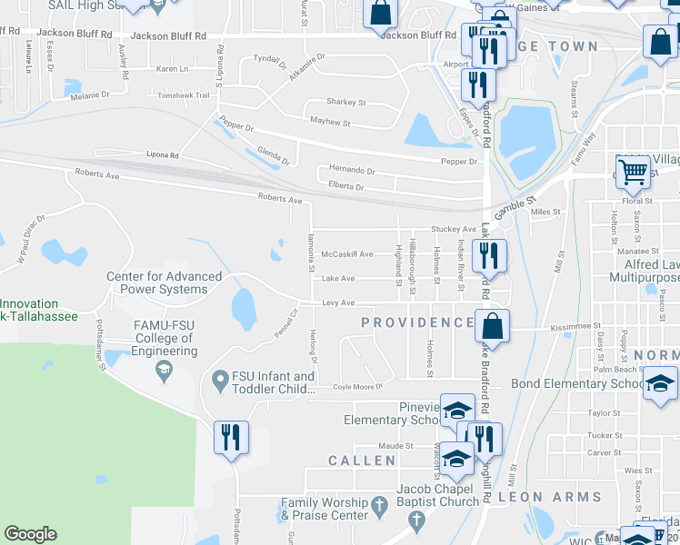 map of restaurants, bars, coffee shops, grocery stores, and more near 1612 Lake Avenue in Tallahassee