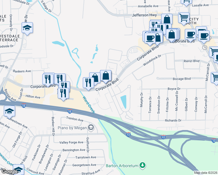 map of restaurants, bars, coffee shops, grocery stores, and more near 2508 Bocage Lake Drive in Baton Rouge