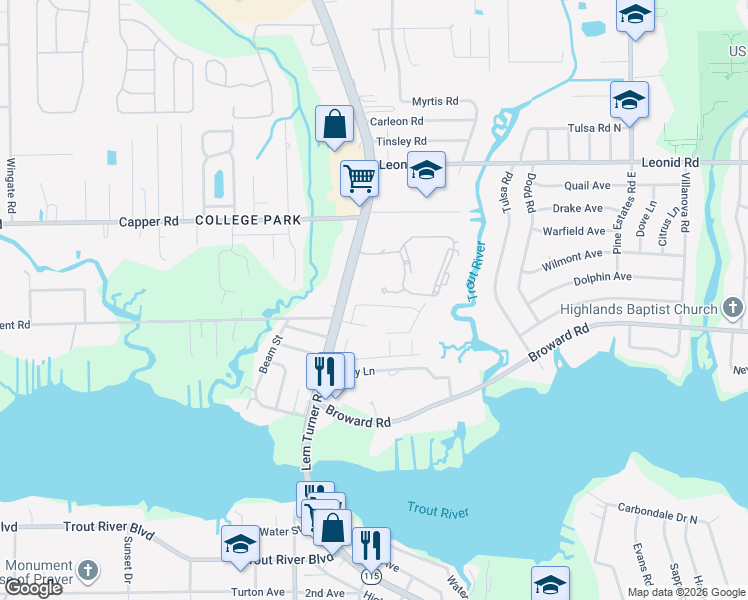 map of restaurants, bars, coffee shops, grocery stores, and more near 2925 Centerwood Drive North in Jacksonville