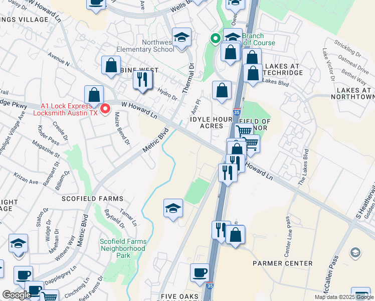 map of restaurants, bars, coffee shops, grocery stores, and more near 1512 W Howard Ln in Austin
