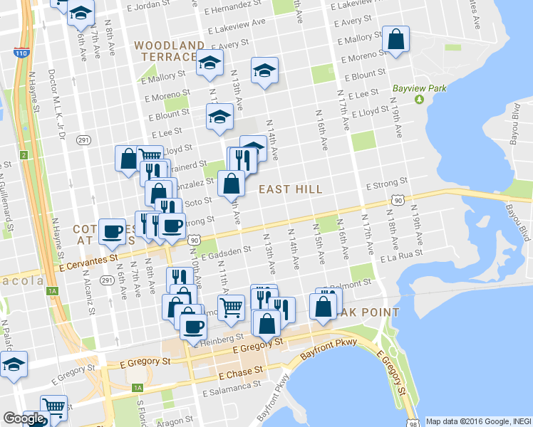 map of restaurants, bars, coffee shops, grocery stores, and more near 814 North 13th Avenue in Pensacola