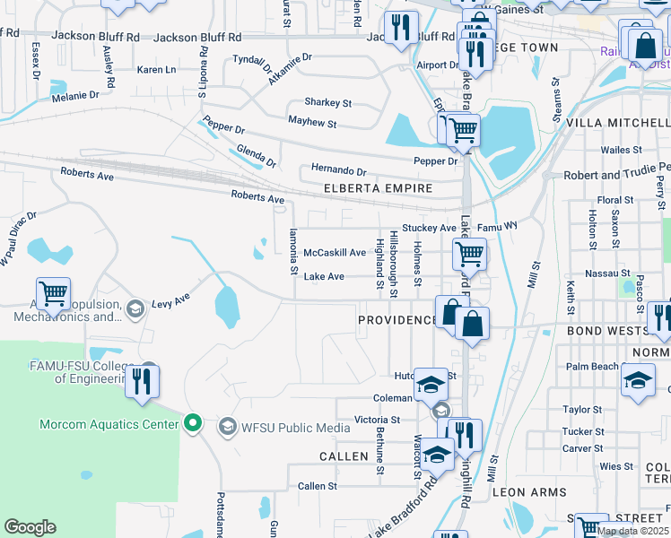 map of restaurants, bars, coffee shops, grocery stores, and more near 1554 Lake Avenue in Tallahassee