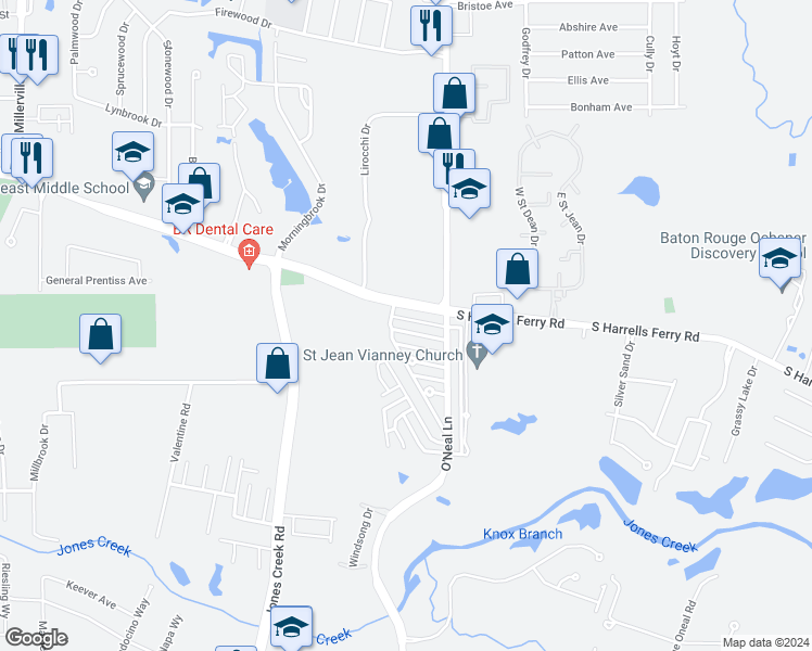 map of restaurants, bars, coffee shops, grocery stores, and more near 15947 Manchester Avenue in Baton Rouge