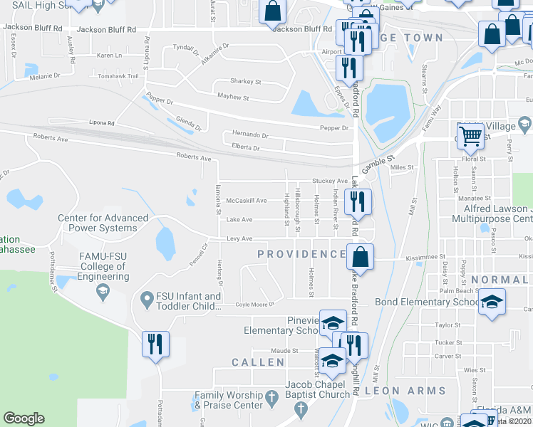 map of restaurants, bars, coffee shops, grocery stores, and more near 1512 Lake Avenue in Tallahassee