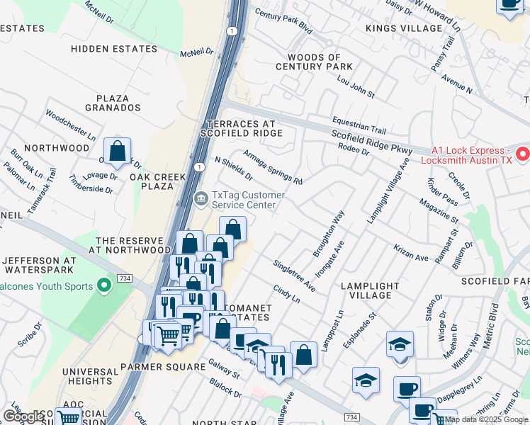 map of restaurants, bars, coffee shops, grocery stores, and more near 2405 Harrowden Drive in Austin