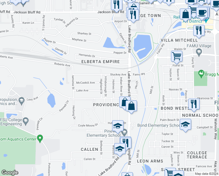 map of restaurants, bars, coffee shops, grocery stores, and more near 1240 Lake Avenue in Tallahassee