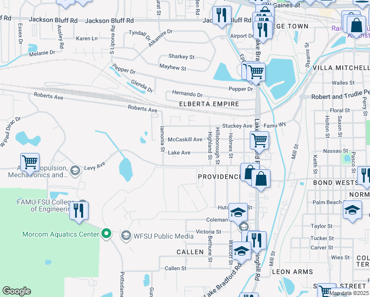 map of restaurants, bars, coffee shops, grocery stores, and more near 1610 Lake Avenue in Tallahassee