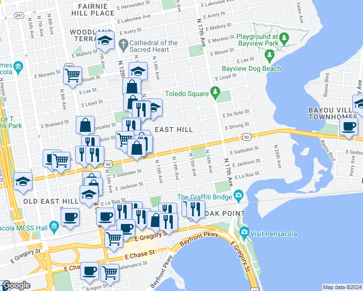 map of restaurants, bars, coffee shops, grocery stores, and more near 800 North 14th Avenue in Pensacola