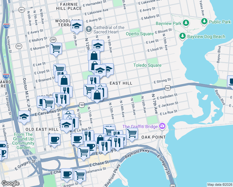 map of restaurants, bars, coffee shops, grocery stores, and more near 800 North 14th Avenue in Pensacola