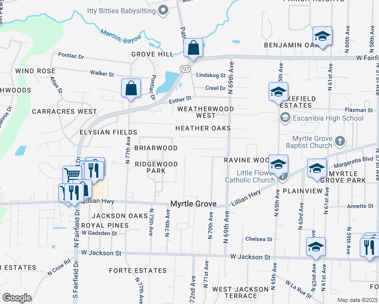 map of restaurants, bars, coffee shops, grocery stores, and more near 1010 North 72nd Avenue in Pensacola