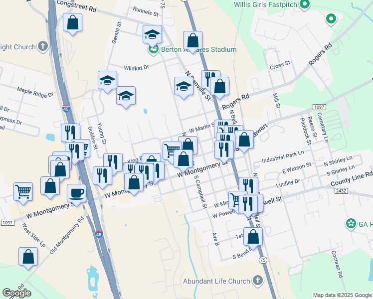 map of restaurants, bars, coffee shops, grocery stores, and more near 400 West Stewart Street in Willis