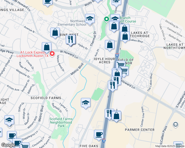map of restaurants, bars, coffee shops, grocery stores, and more near 1512 W Howard Ln in Austin