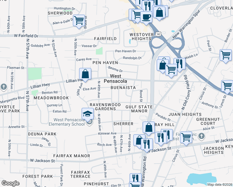 map of restaurants, bars, coffee shops, grocery stores, and more near 8 Bertram Street in Pensacola