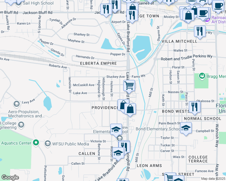 map of restaurants, bars, coffee shops, grocery stores, and more near 1240 Lake Avenue in Tallahassee