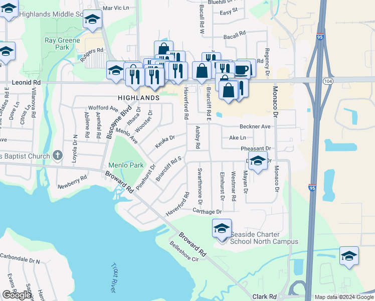 map of restaurants, bars, coffee shops, grocery stores, and more near 2193 South Briarcliff Road in Jacksonville