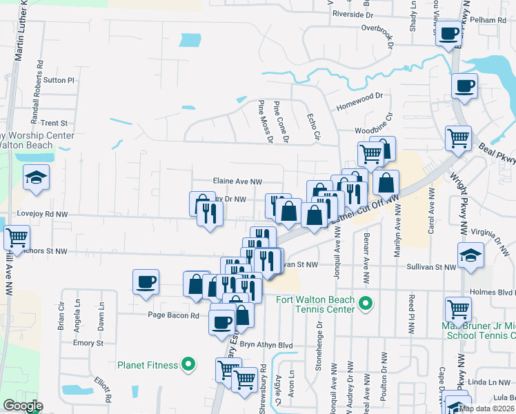 map of restaurants, bars, coffee shops, grocery stores, and more near 211 Lovejoy Road Northwest in Fort Walton Beach