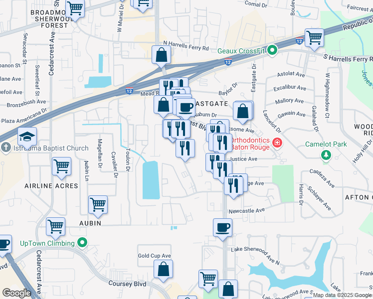 map of restaurants, bars, coffee shops, grocery stores, and more near in Baton Rouge