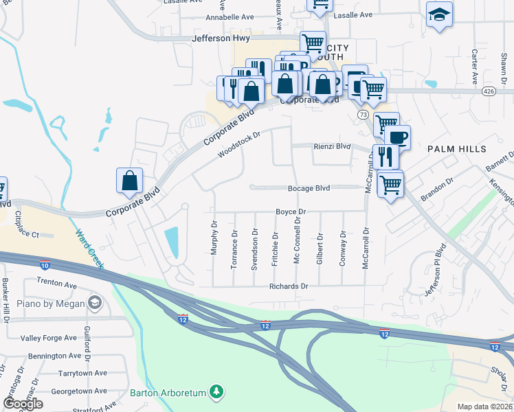 map of restaurants, bars, coffee shops, grocery stores, and more near 7215 Boyce Drive in Baton Rouge