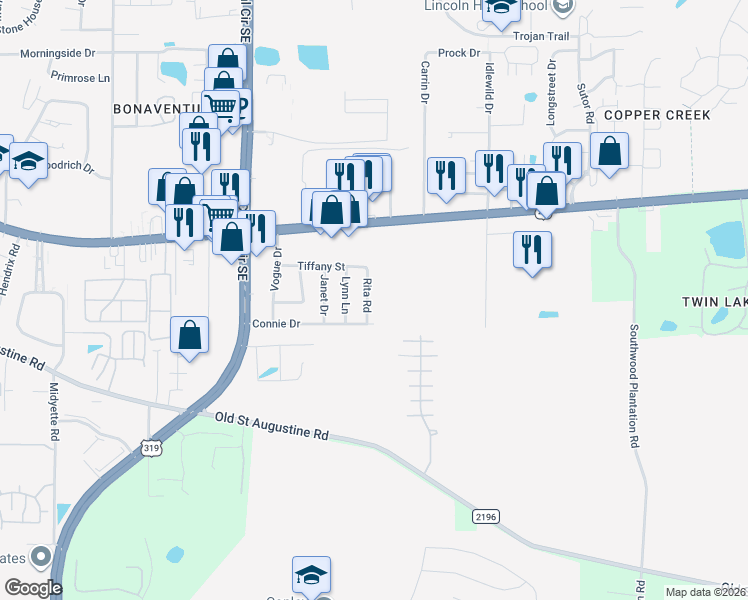 map of restaurants, bars, coffee shops, grocery stores, and more near 1427 Rita Road in Tallahassee