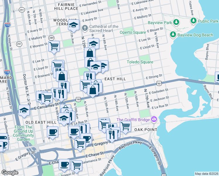 map of restaurants, bars, coffee shops, grocery stores, and more near 1300 East Cervantes Street in Pensacola