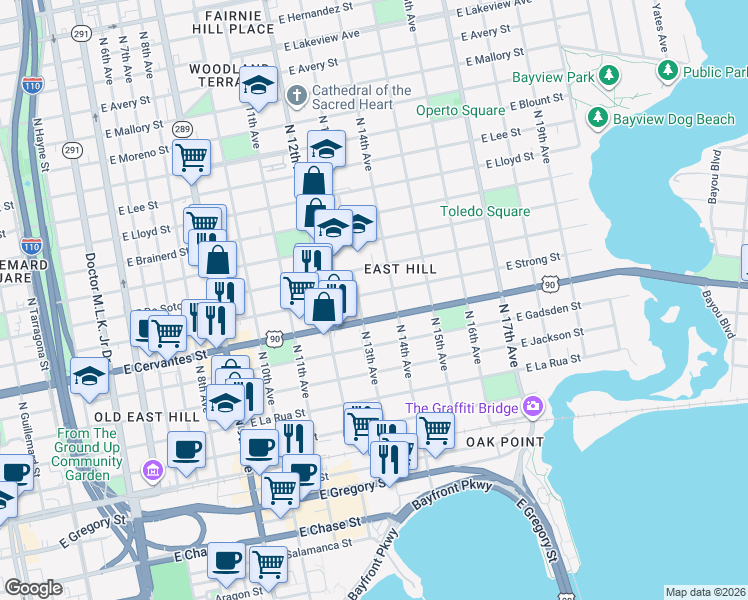 map of restaurants, bars, coffee shops, grocery stores, and more near 1300 East Cervantes Street in Pensacola