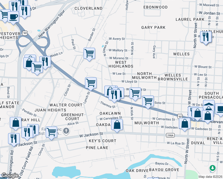 map of restaurants, bars, coffee shops, grocery stores, and more near 1101 North Green Street in Pensacola