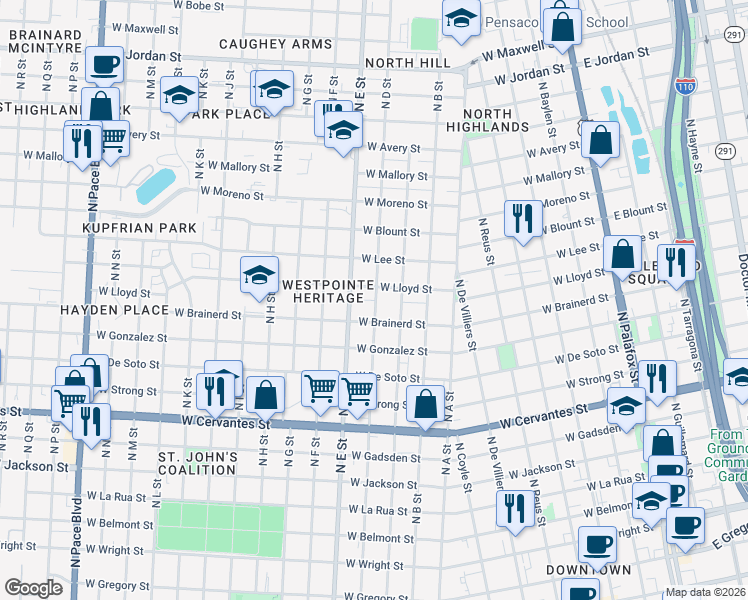 map of restaurants, bars, coffee shops, grocery stores, and more near 1209 North C Street in Pensacola