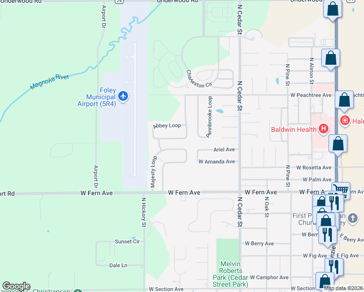 map of restaurants, bars, coffee shops, grocery stores, and more near 1459 Majesty Loop in Foley