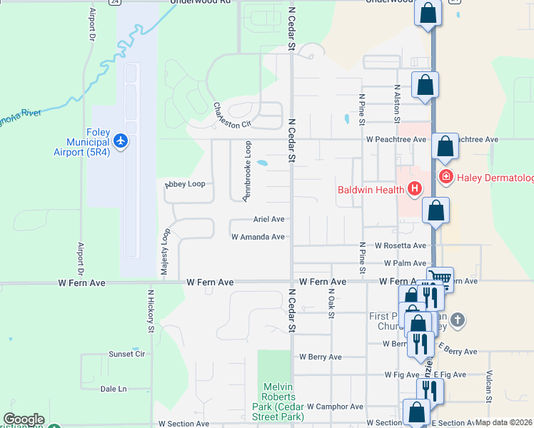 map of restaurants, bars, coffee shops, grocery stores, and more near 509 West Amanda Avenue in Foley