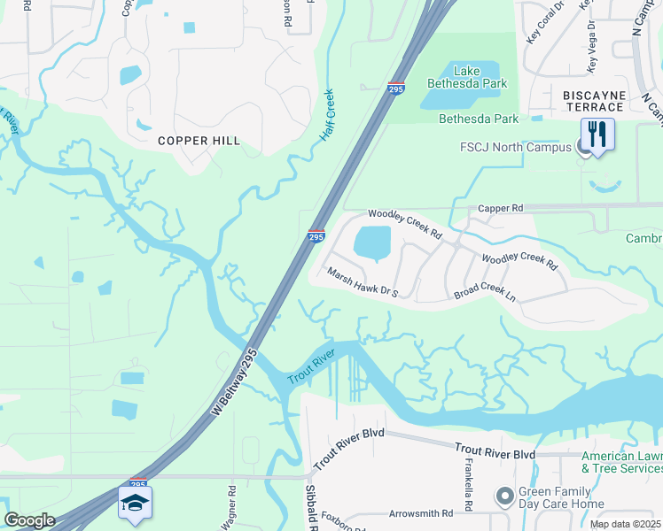 map of restaurants, bars, coffee shops, grocery stores, and more near 4493 Marsh Hawk Drive South in Jacksonville