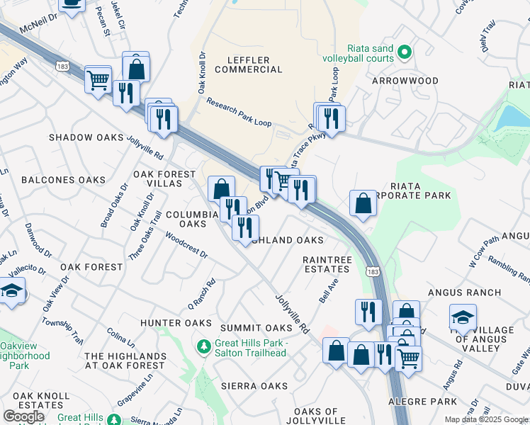 map of restaurants, bars, coffee shops, grocery stores, and more near 11901 Pavilion Boulevard in Austin