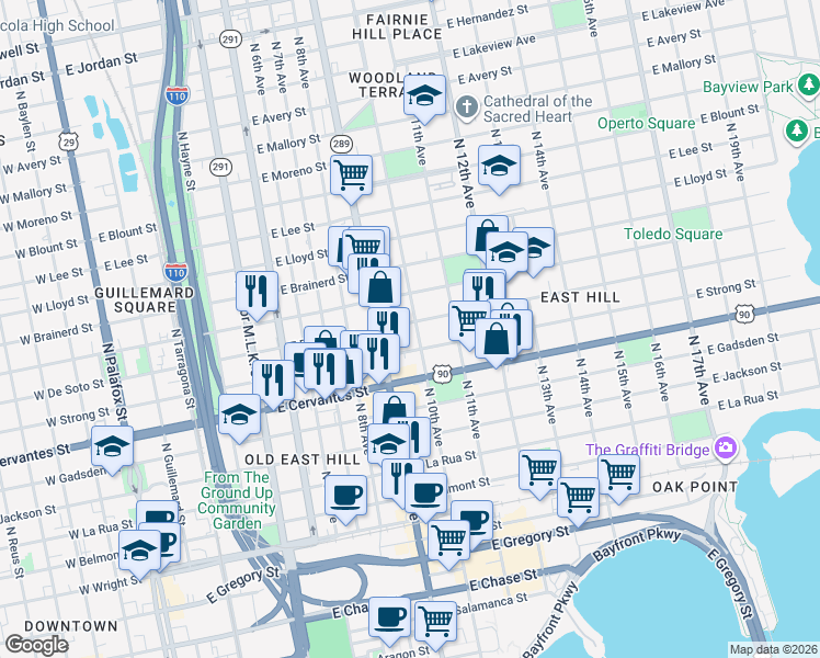 map of restaurants, bars, coffee shops, grocery stores, and more near 1002 East Strong Street in Pensacola