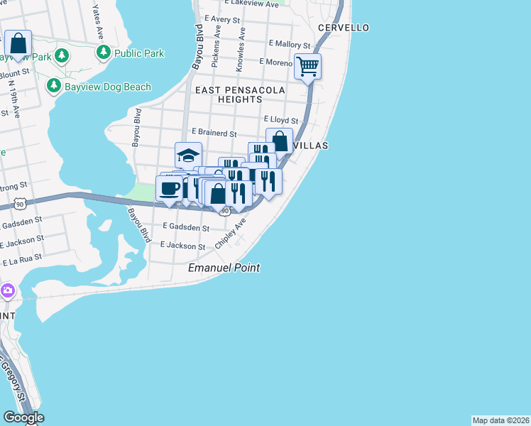 map of restaurants, bars, coffee shops, grocery stores, and more near 600 Scenic Highway in Pensacola