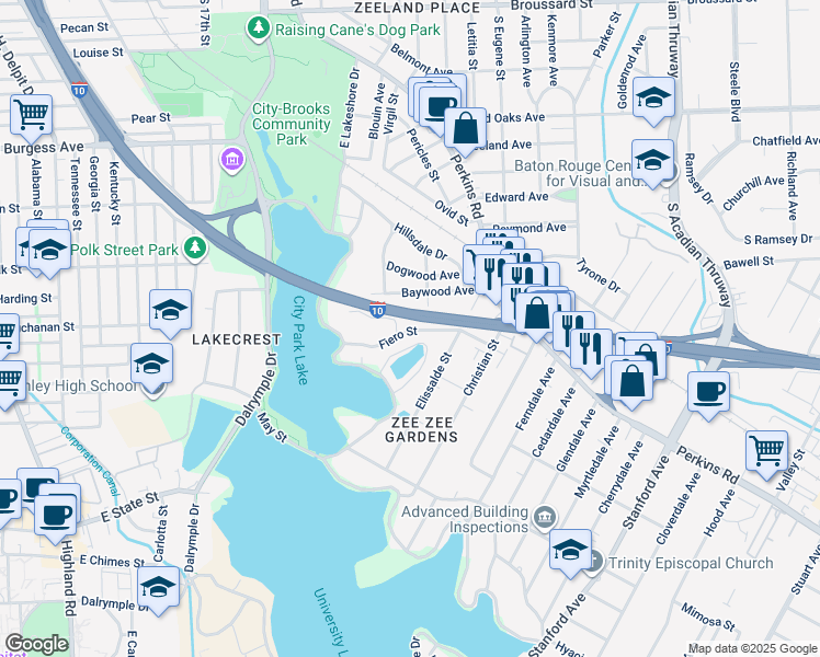 map of restaurants, bars, coffee shops, grocery stores, and more near 2311 Fiero Street in Baton Rouge