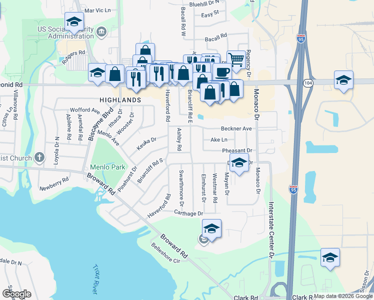 map of restaurants, bars, coffee shops, grocery stores, and more near 1214 South Briarcliff Road in Jacksonville