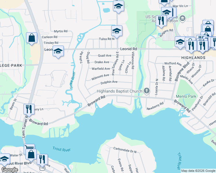 map of restaurants, bars, coffee shops, grocery stores, and more near 2414 Gayland Road in Jacksonville