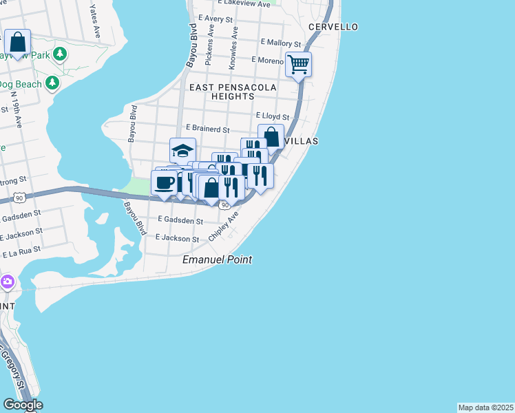 map of restaurants, bars, coffee shops, grocery stores, and more near 600 Scenic Highway in Pensacola
