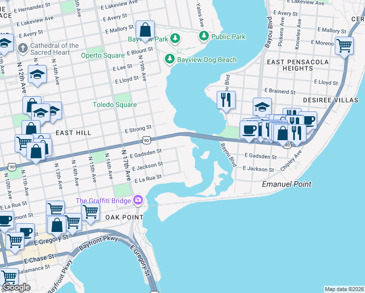 map of restaurants, bars, coffee shops, grocery stores, and more near 620 North 20th Avenue in Pensacola