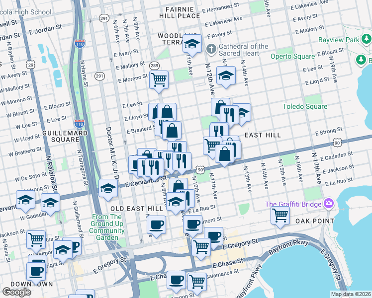 map of restaurants, bars, coffee shops, grocery stores, and more near 1002 East Strong Street in Pensacola