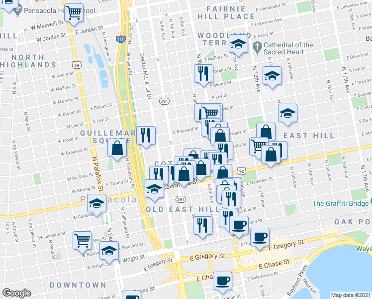 map of restaurants, bars, coffee shops, grocery stores, and more near 611 East De Soto Street in Pensacola