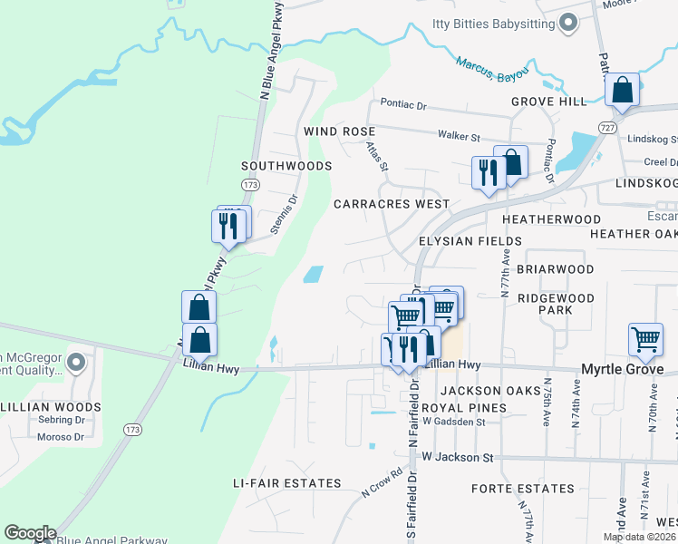 map of restaurants, bars, coffee shops, grocery stores, and more near 8248 Tempest Drive in Pensacola
