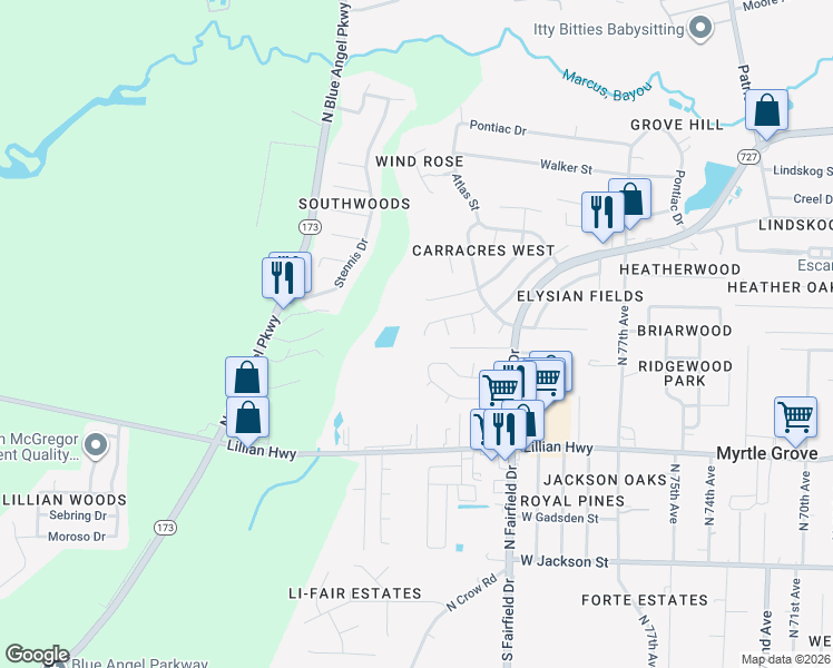 map of restaurants, bars, coffee shops, grocery stores, and more near 8248 Tempest Drive in Pensacola