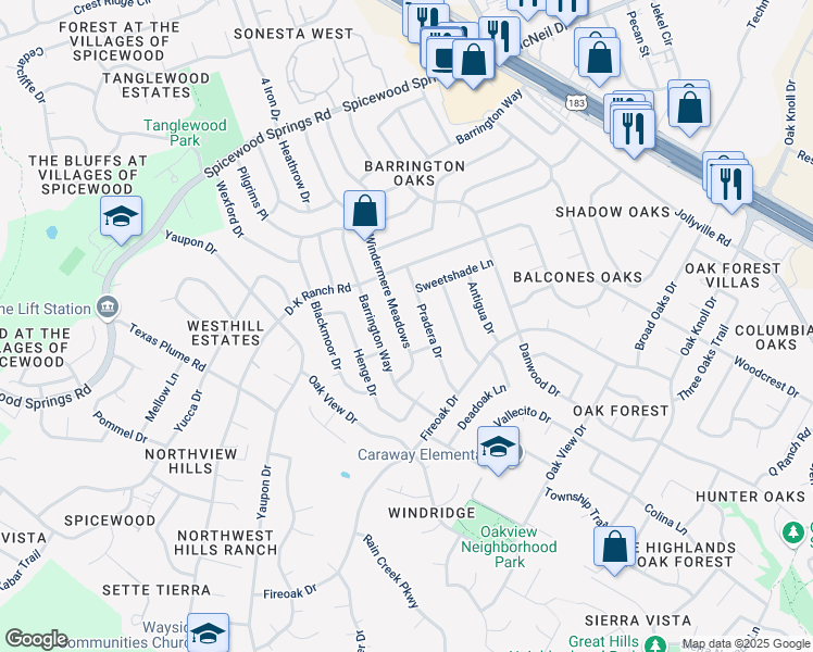 map of restaurants, bars, coffee shops, grocery stores, and more near 11227 Windermere Meadows in Austin